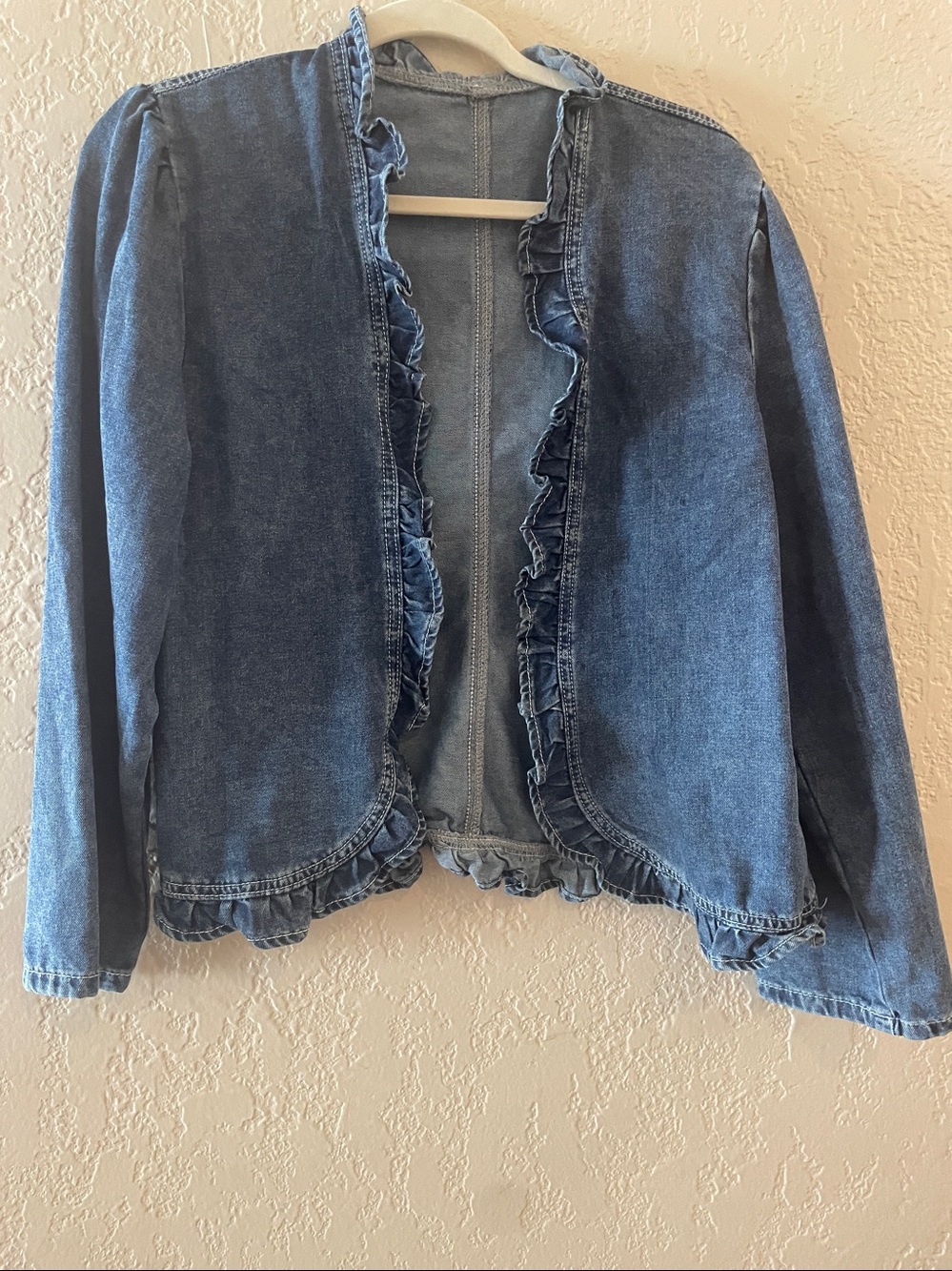 Denim Ruffle Open-Front Jacket - Blue - Picture 7 of 7